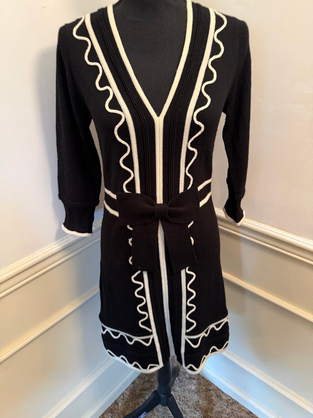 Vintage Milly New York Valentina Black Knit Dress with White Rick Rack Waist Bow
